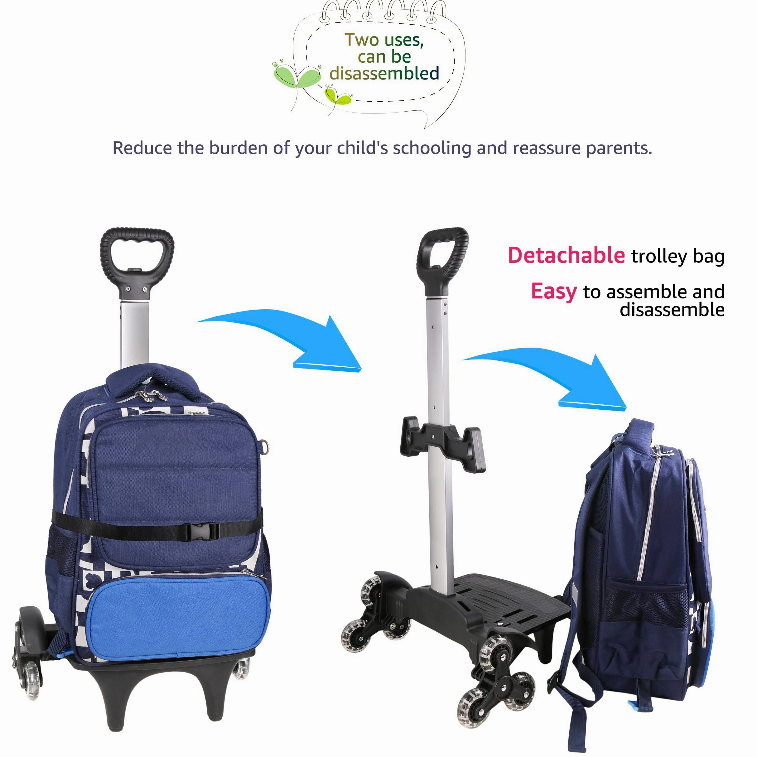 Carrito de Mochila, Carros para Mochilas Escolares Carrito con Ruedas Mano Plegable de Aleación Aluminio 6 Ruedas para Niños Adolescentes Adultos Viajes Escolares