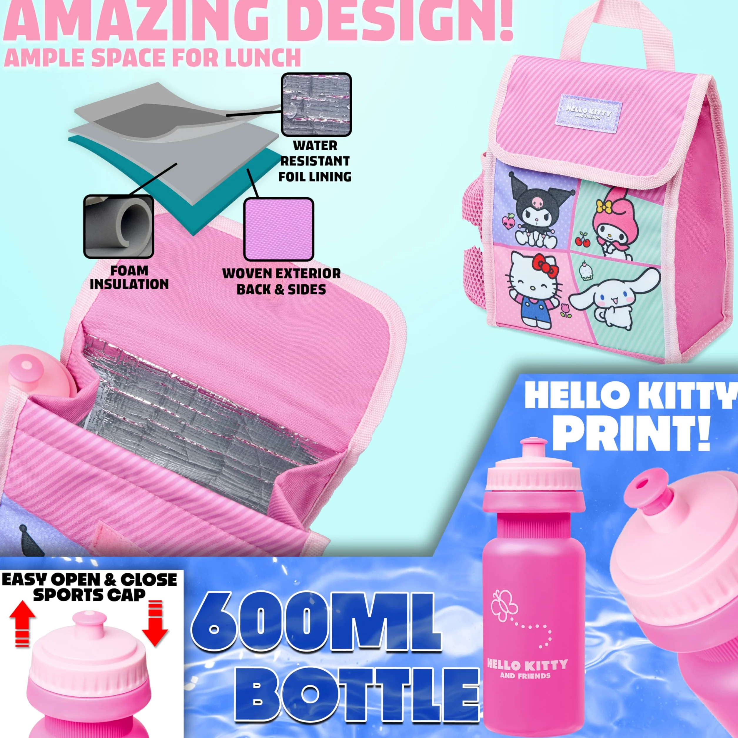 Hello Kitty Sanrio Mochila Escolar Set de 4 Piezas con Botella Agua Estuche Bolsa Almuerzo Cinnamoroll Kuromi Material Escolar
