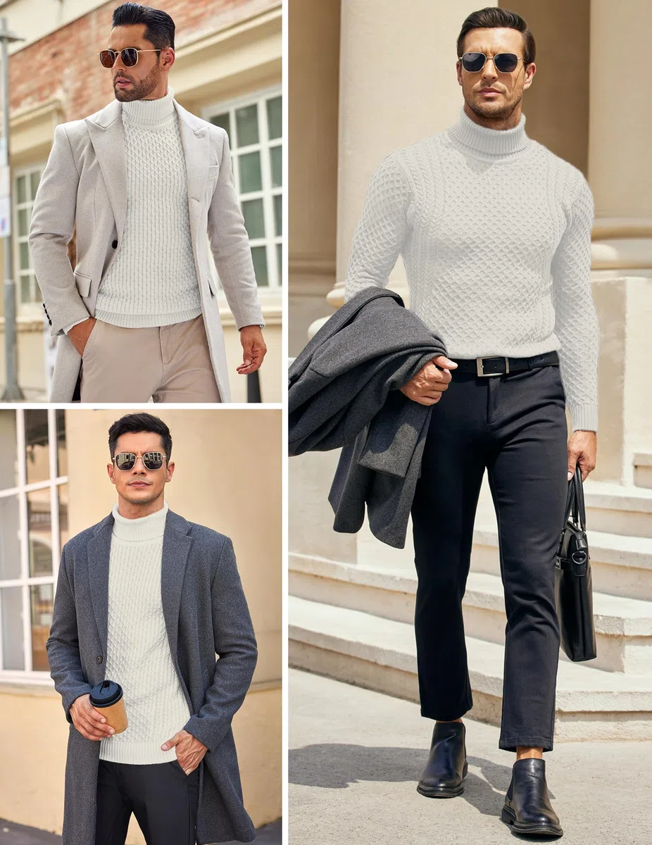 COOFANDY Jersey Hombre Cuello Alto Invierno Sueter Manga Larga Cuello Vuelto Jersey de Punto Sweater Ajustado