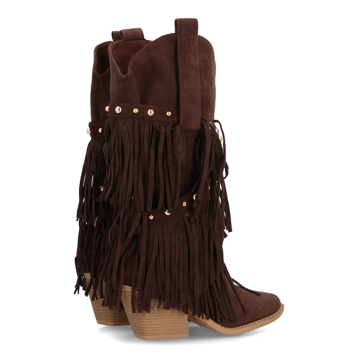 Bota de Estilo Western con Cana Alta Decorada con Flecos en Cascada y Tachuelas metalicas, Punta Fina y Tacon Cubano. Ideal para Mujer en Temporada de Otono Invierno