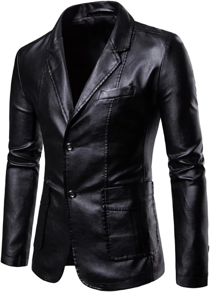 Chaqueta de PU para Hombre Moda Moda versión básica de la Chaqueta Blazer Casual con Solapa Delgada Vintage Chaqueta Blazer PU