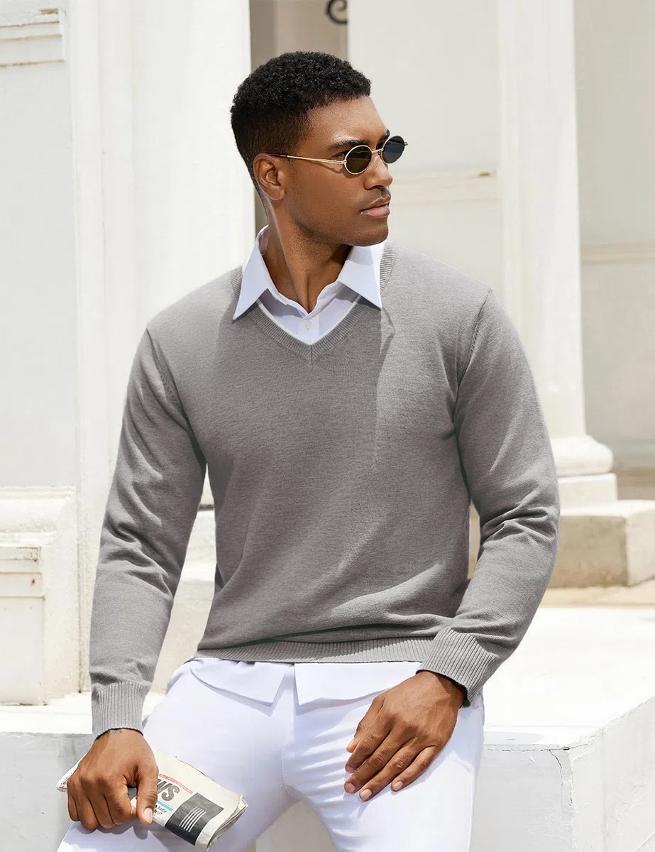 iClosam Suéter de Cuello en V para Hombre Jersey de Punto de Manga Larga para Hombre suéter de Trabajo de algodón
