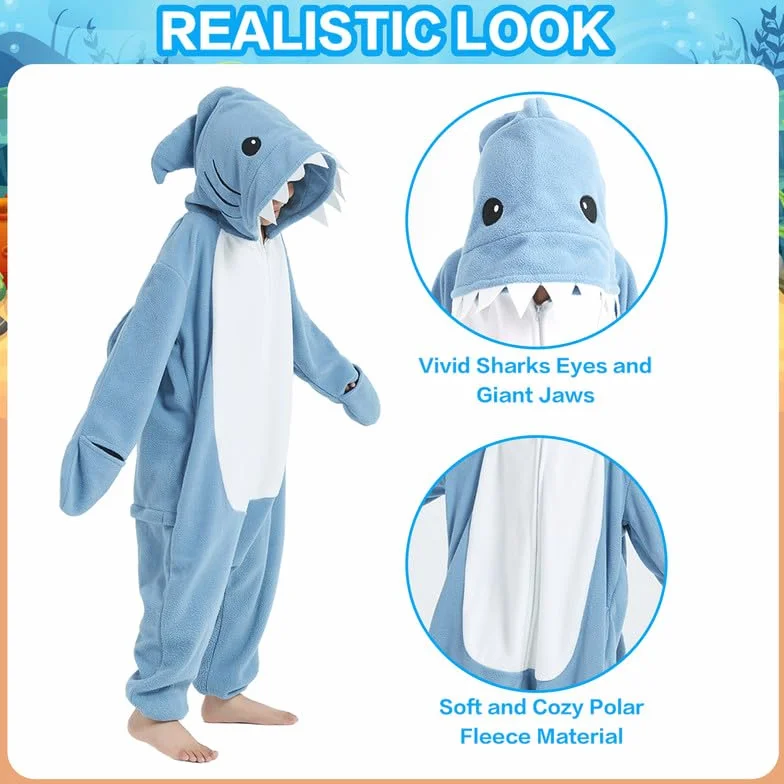 Mono de Dibujos Animados, Azul Tiburón Mandíbula Pijama, Bata, Mameluco, Ropa de Dormir, Disfraz de Cosplay, Fiesta de Halloween para Niños de 4 a 6 Años