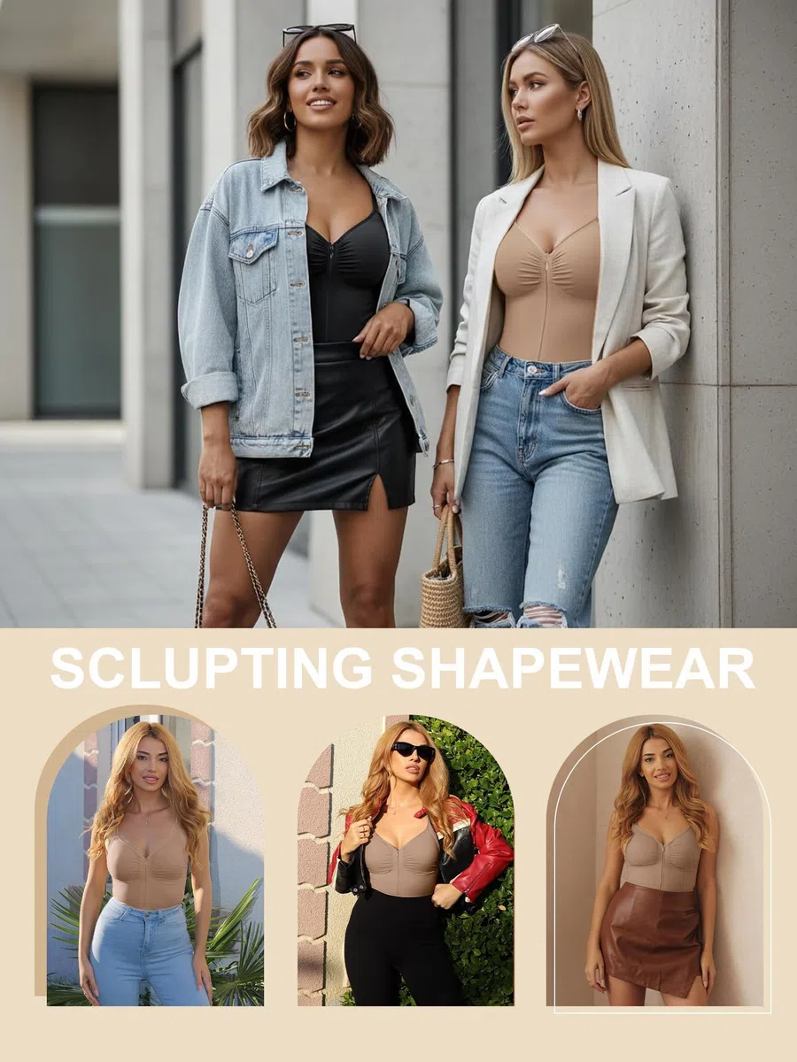 SHAPERX Body Moldeador Mujer con Cremallera y Ganchos, Shapewear de Fuerte Compresión Control Abdomen, Seamless Invisible, Faja Reductora Cintura para Uso Diario y Fiesta