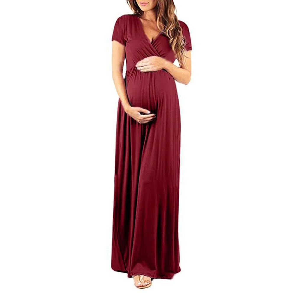 LANGWEI Vestido De Maternidad Maxi Algodón Verano Cuello En V Manga Corta Fiesta De Noche Informal Vestidos Largos,Rojo,M