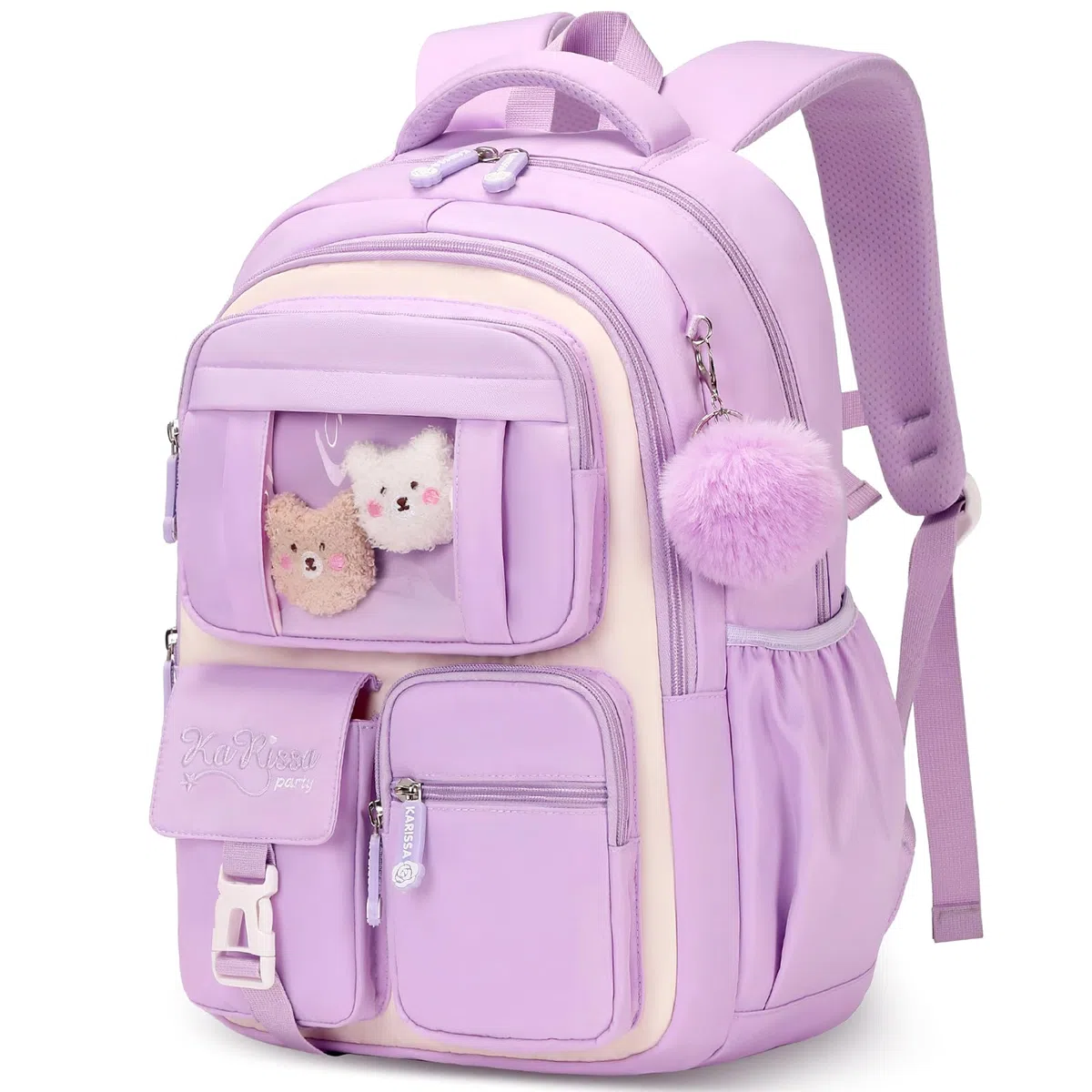 Amythe Mochila Escolar Niña, Mochilas Primaria Escolares Transpirable para Infantil Niñas de 8 10 12 Años, Kawaii Mochila Chicas Colegio con Colgante, Morado