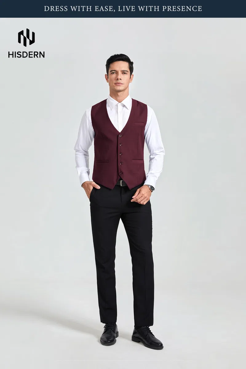HISDERN Chaleco de Vestir para Hombre Chalecos de Traje Hombres Chaleco de Algodón para Formal Fiesta de Boda Borgoña L