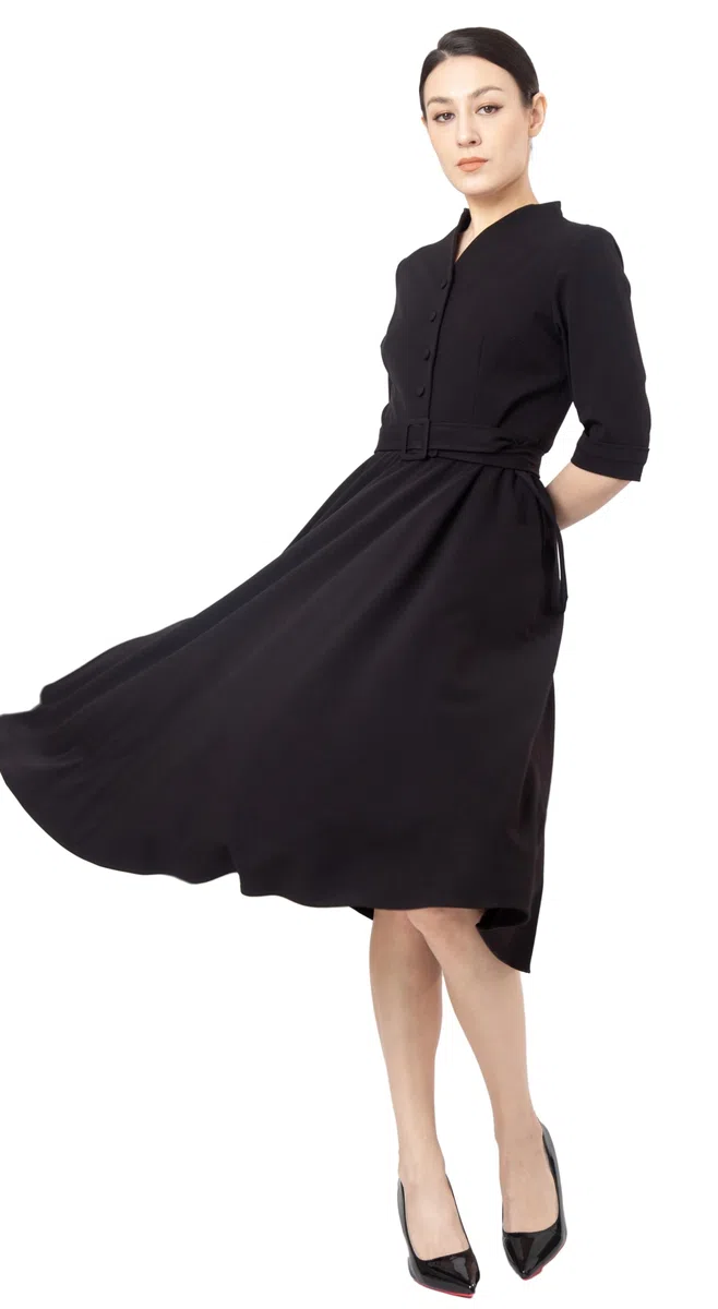 Vestido Midi Fit & Flare Tea con Botones Frontales para Mujer, Ideal para Oficina y Trabajo
