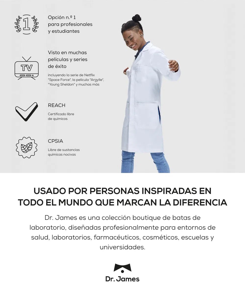 Dr. James Bata de laboratorio Premium mujeres, con bolsillos laterales, ajuste entallado, cierre a presión oculto