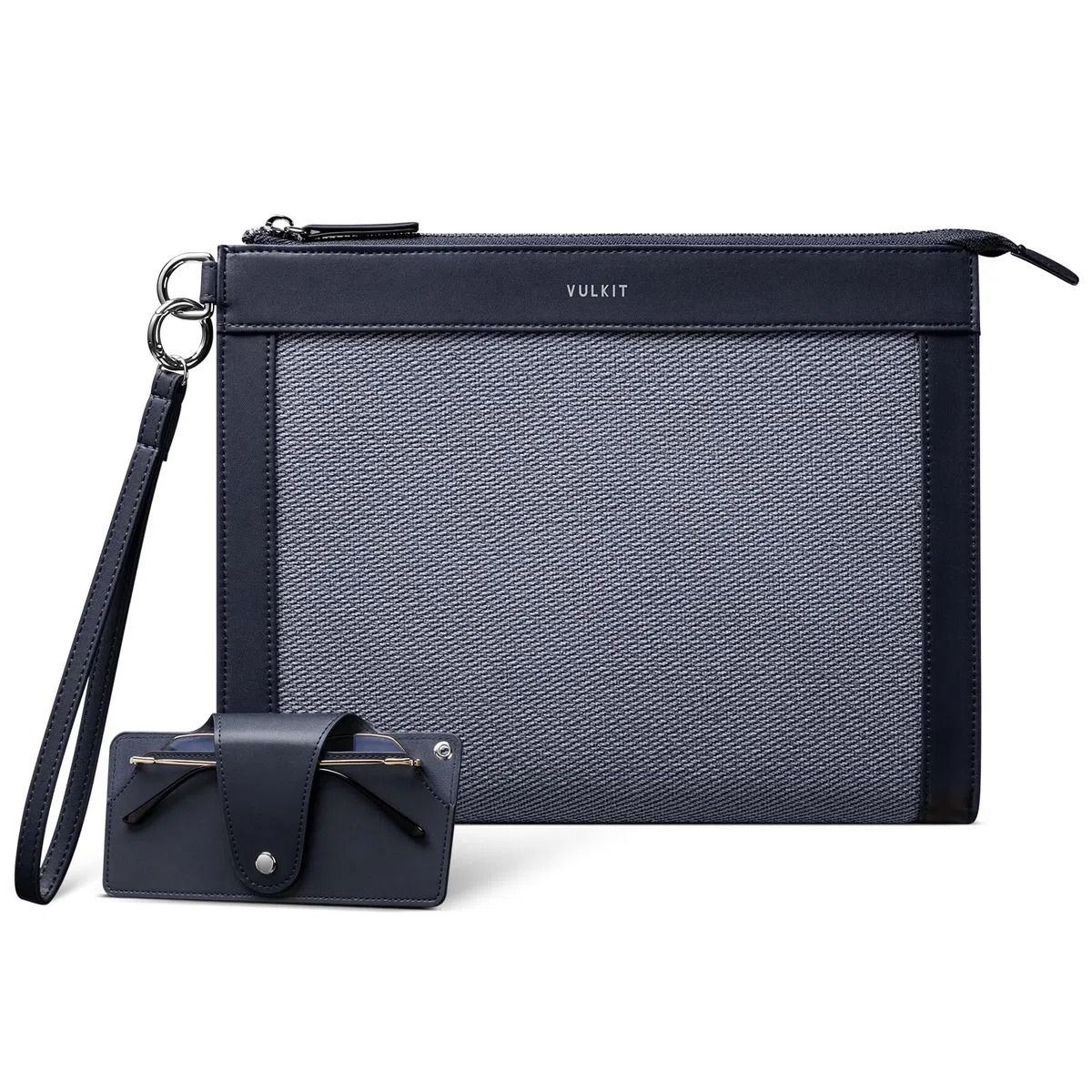 VULKIT Bolso de mano para hombre, con funda extraíble para gafas, cartera grande con cremallera, bolso de negocios, azul marino, Medium