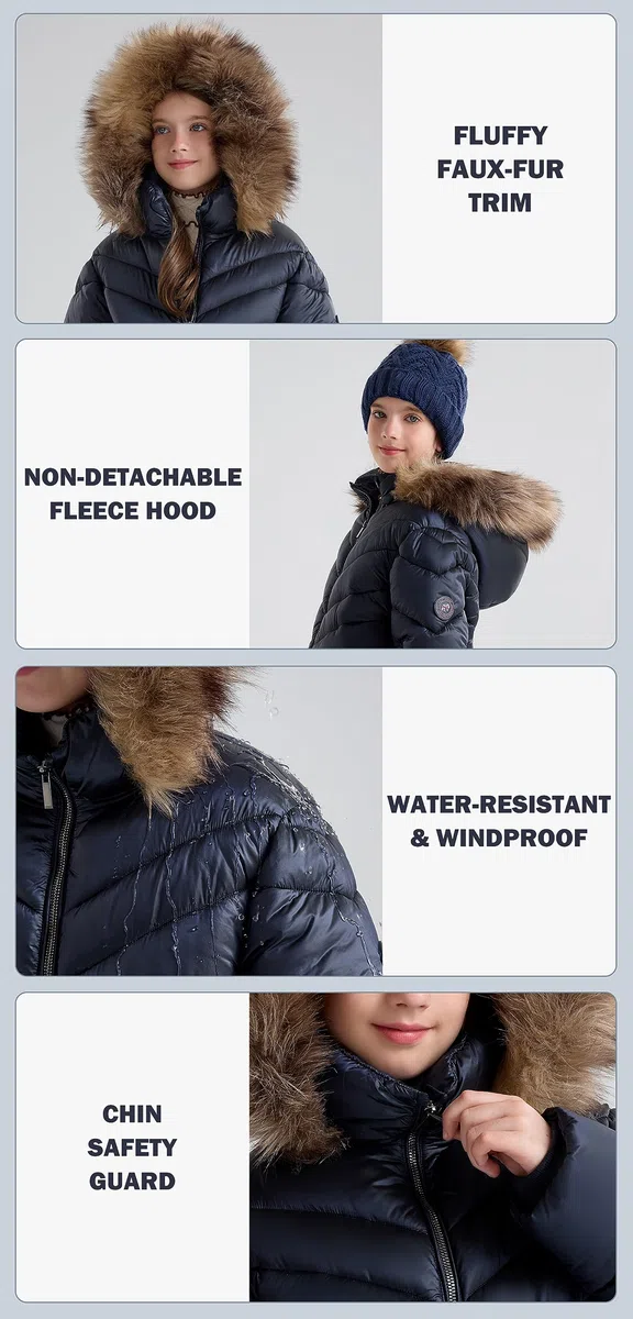 SOLOCOTE Abrigo de invierno acolchado para niñas con capucha de piel sintética, forrado de sherpa, parka resistente al agua y de gran peso