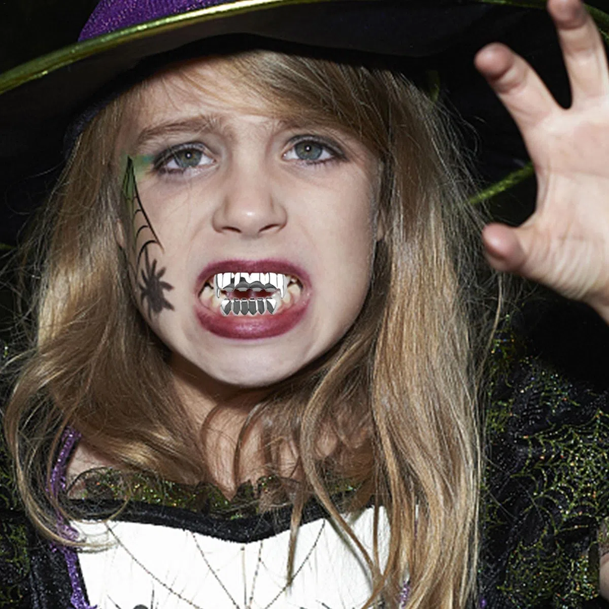A/A Hip Hop Teeth Grills, falso punk hip hop dientes boca superior inferior diamante strass dientes grillz Halloween festival de música fiesta hip hop rapero accesorios decoración ornamento oro/plata