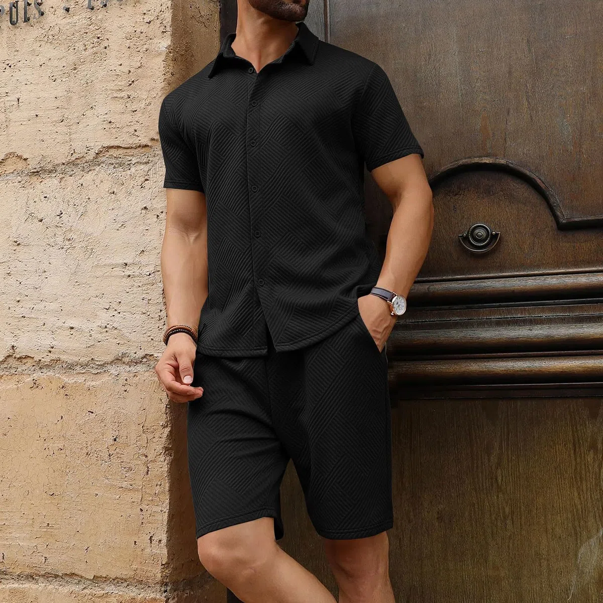 Conjunto de verano para hombre, conjunto casual de dos piezas, conjunto deportivo blusas con botones y pantalones cortos con cordón anchos, chándales ligeros para la playa Slim Fit Chándal de