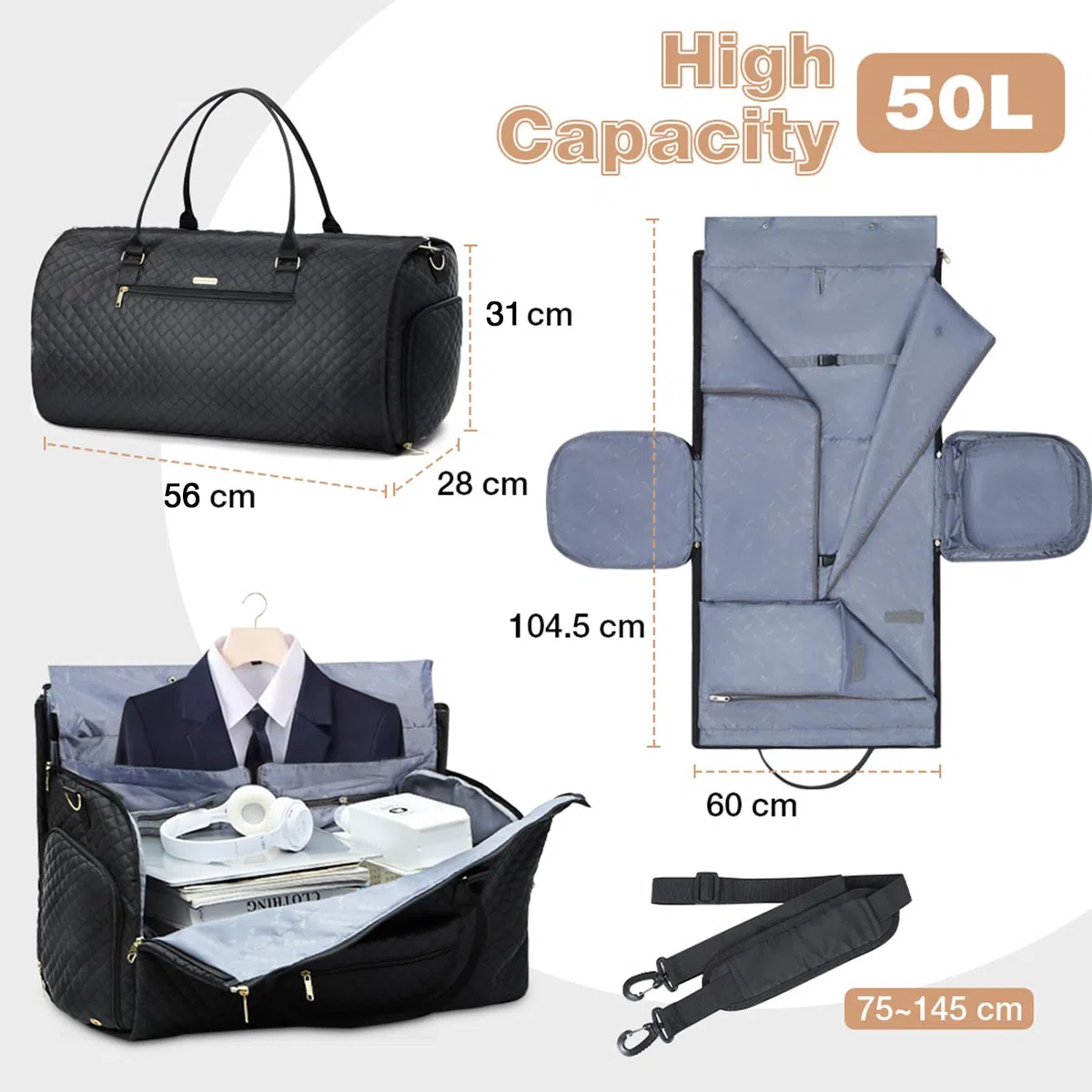 Lekeinchi Bolsa de Transporte de Ropa 2 en 1 | Bolsa de Portatrajes para Trajes y Ropa | Bolsa de Viaje para Negocios, Bodas y Fines de Semana | Cumple con los Requisitos de Las Aerolíneas, Negro