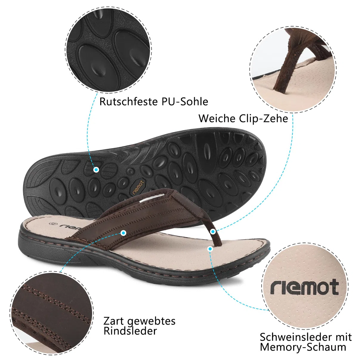 riemot Chanclas Hombre de Piel Auténtica con Plantilla Memory Foam,Comodas y Suaves Cuero Hombre Flip Flops,Sandalias Antideslizantes para Playa, Piscina y Verano