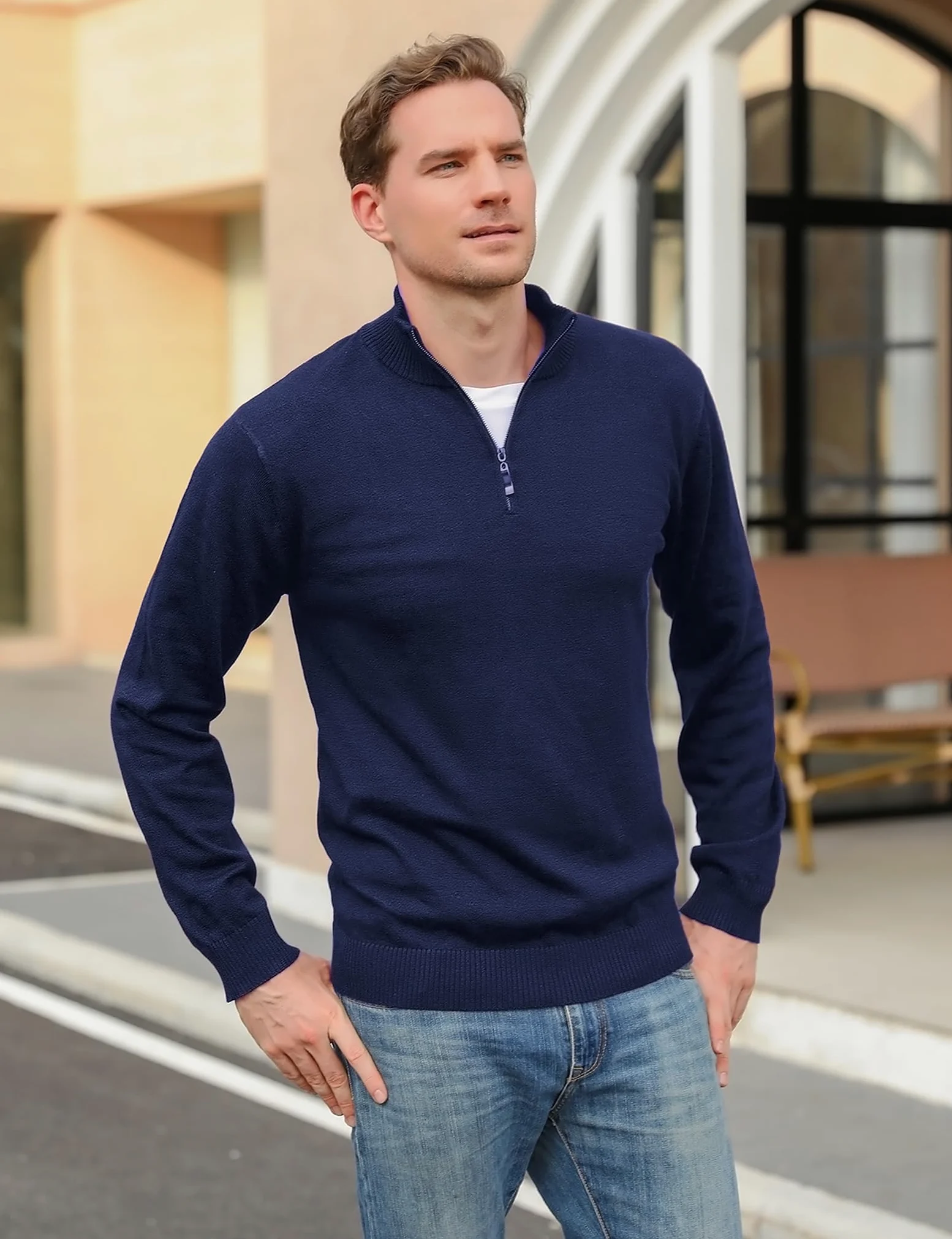 Sykooria Jersey Hombre Invierno Cuello Alto Suéter de Punto Hombre Manga Larga Pullover con Cremallera Clásico Ajustado y Elegante S-XXL