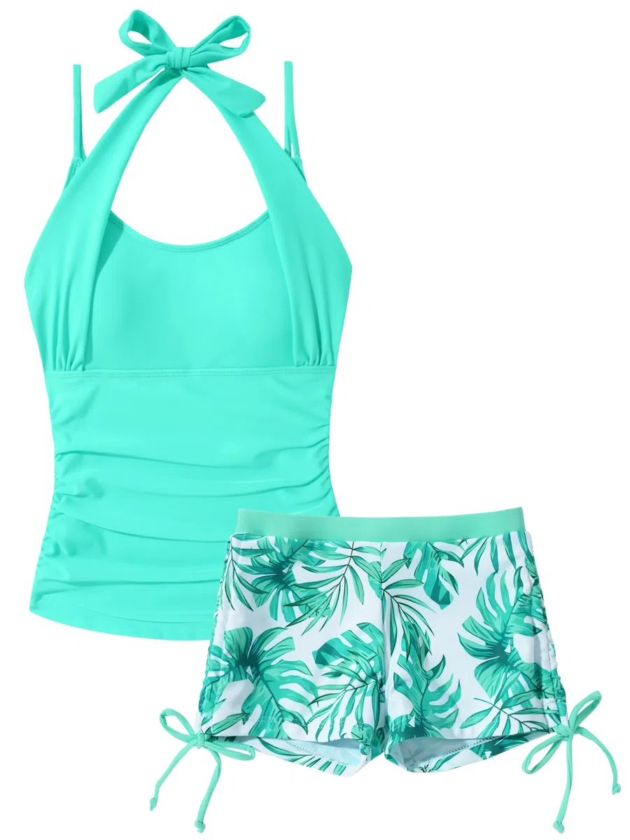 Happy Cherry Bañador para niña de 2 piezas, tankini con tirantes, bañador estampado con cordón, traje de baño para adolescentes, vestido de baño de verano