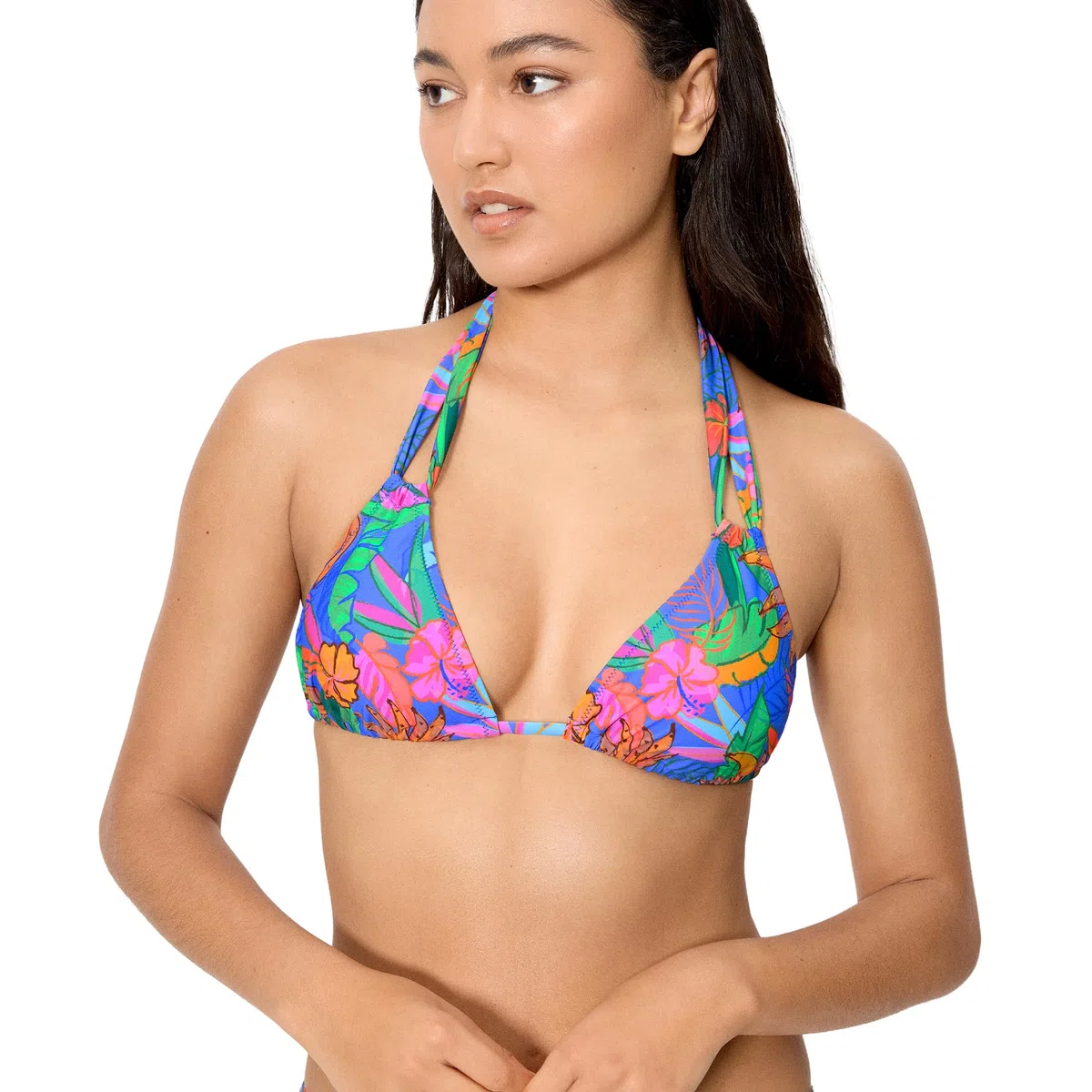 YSABEL MORA. Top Bikini Triángulo Estampado Tropical Copa B. Sin Aro con Relleno Extraíble Anudado Al Cuello Y A La Espalda Adaptable A Distintas Tallas Y Copas .Colección Palms.