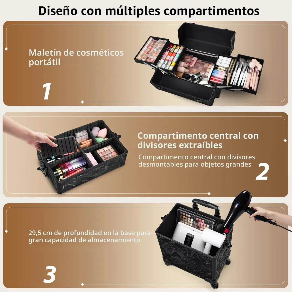 Maleta Maquillaje Profesional 3 en 1 Maletin Maquillaje con Ruedas Organizador de Maquillaje Maleta de peluquería Grande Maletín de uñas Multifuncional Caja Maquillaje Profesional, Alpes Negro