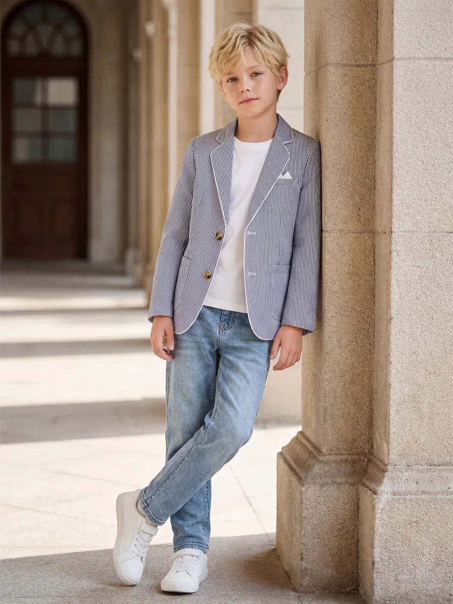 LOLANTA Blazer de Seersucker Transpirable para Niños, Chaqueta Elegante de Traje a Rayas para Verano y Ocasiones Informales