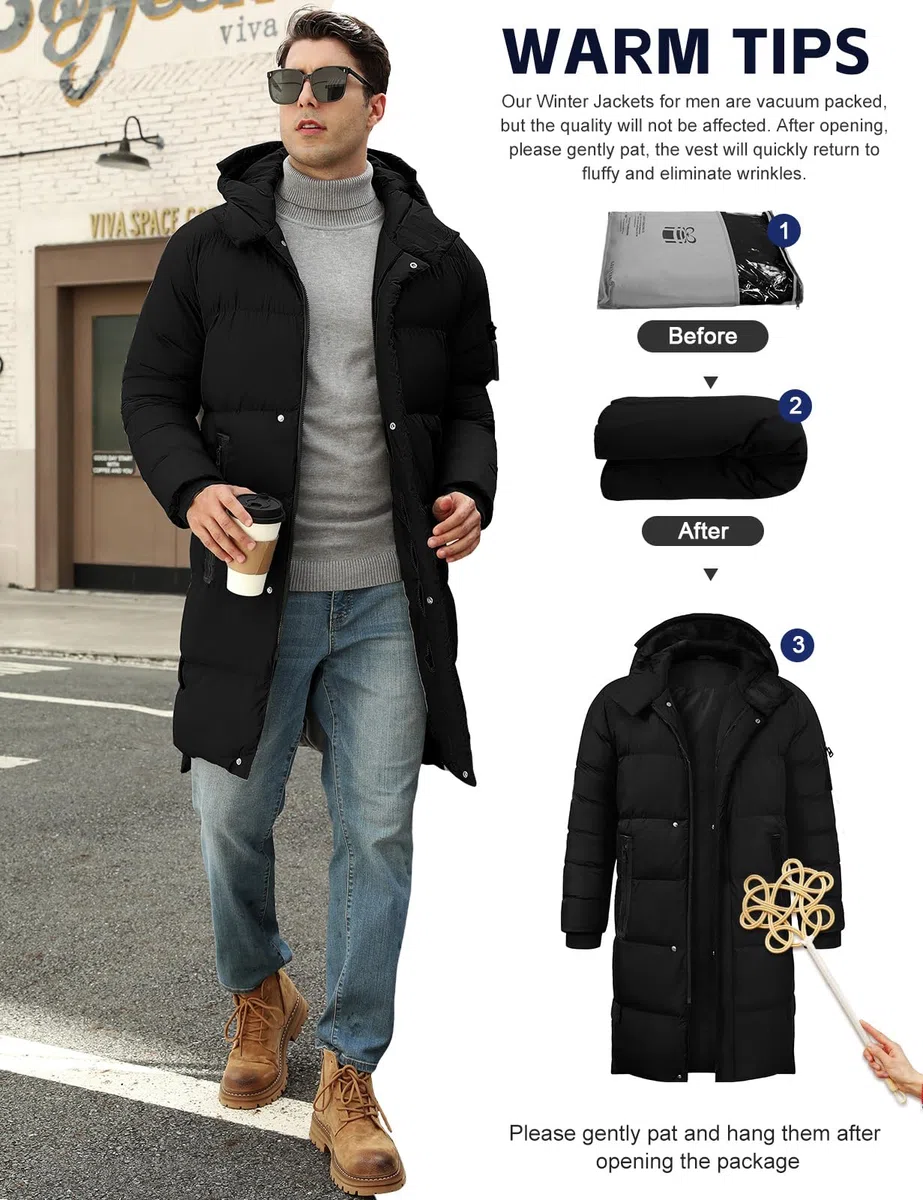 Yuson Gir Abrigo Hombre Chaqueta Largo Hombre Invierno Ligero y Resistente Agua Parka Grueso Cazadora con Capucha Cálido Acolchado Abrigos Cremallera Viento Coat Chaquetón