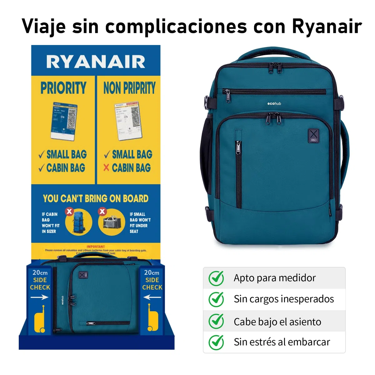 ECOHUB Ryanair Mochila Viaje Cabina Avion 40x20x25 Maletas de Viaje Cabina Bolsa de Viaje Bolso del Ordenador Portátil Maleta de Mano Under Seat Eco PET Mochila para Equipaje de Mano 20L, Azul-verde