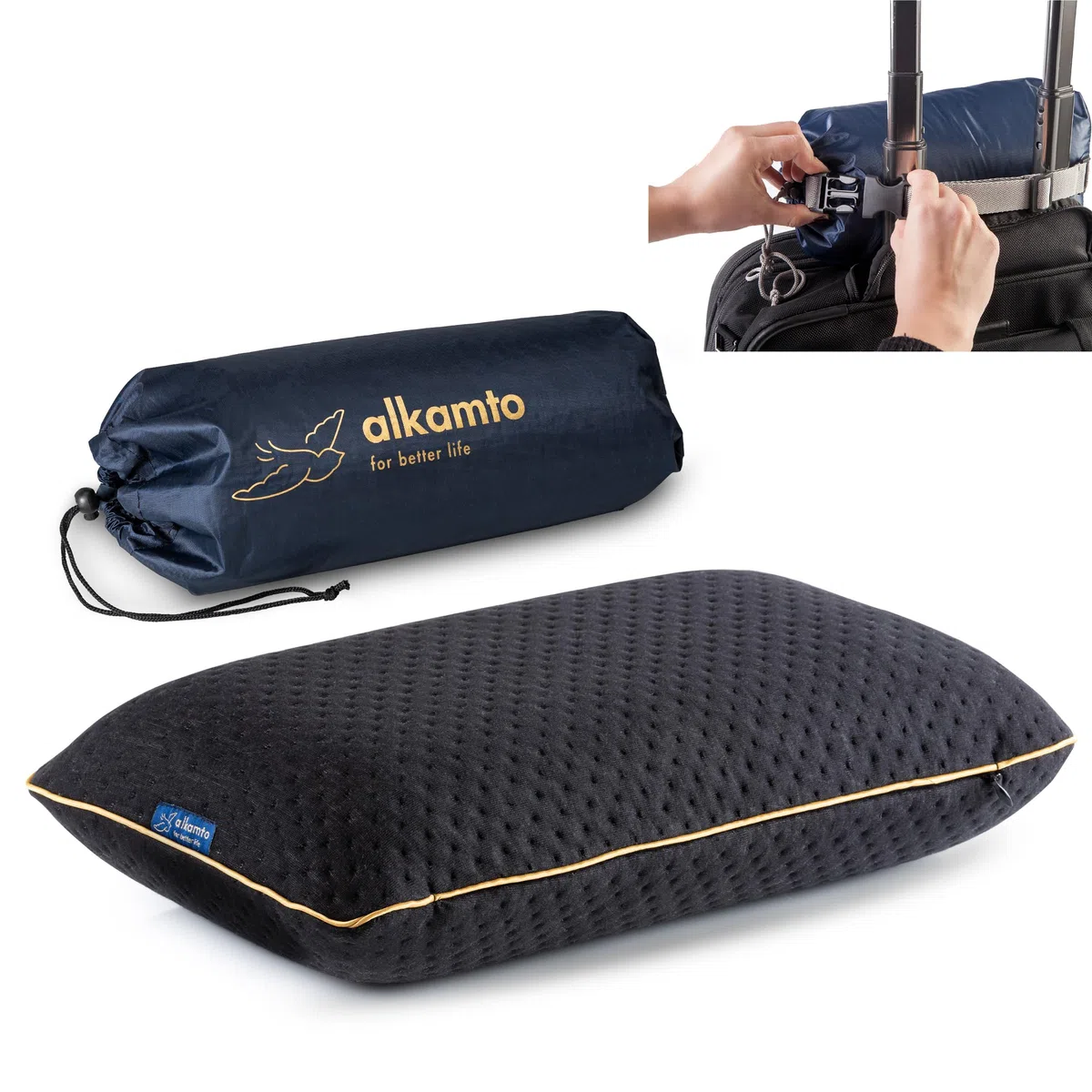 alkamto Almohada de Viaje Almohada de Camping Almohada ergonómica de Espuma viscoelástica con Funda reguladora de Temperatura Oeko-Tex Fabricada en Verde (40 x 25 x 10 cm Negro)