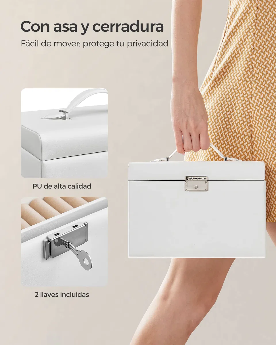 SONGMICS Caja Joyero de 3 Niveles, Caja para Joyas con 2 Cajones, con Mini Caja Portátil para Viajar, con Asa, Cerradura, para Joyas, Idea de Regalo, PU Blanco Nube, Forro Beige Arena JBC121W