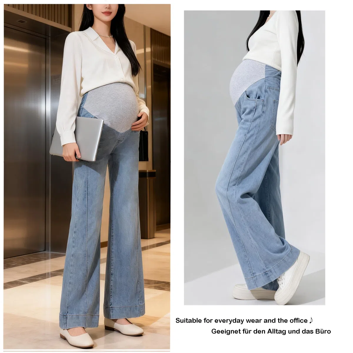 Pantalones vaqueros embarazados para mujer, cintura ajustable, corte ancho, pantalones vaqueros elásticos con bolsillos para mujeres pequeñas de hasta 170 cm
