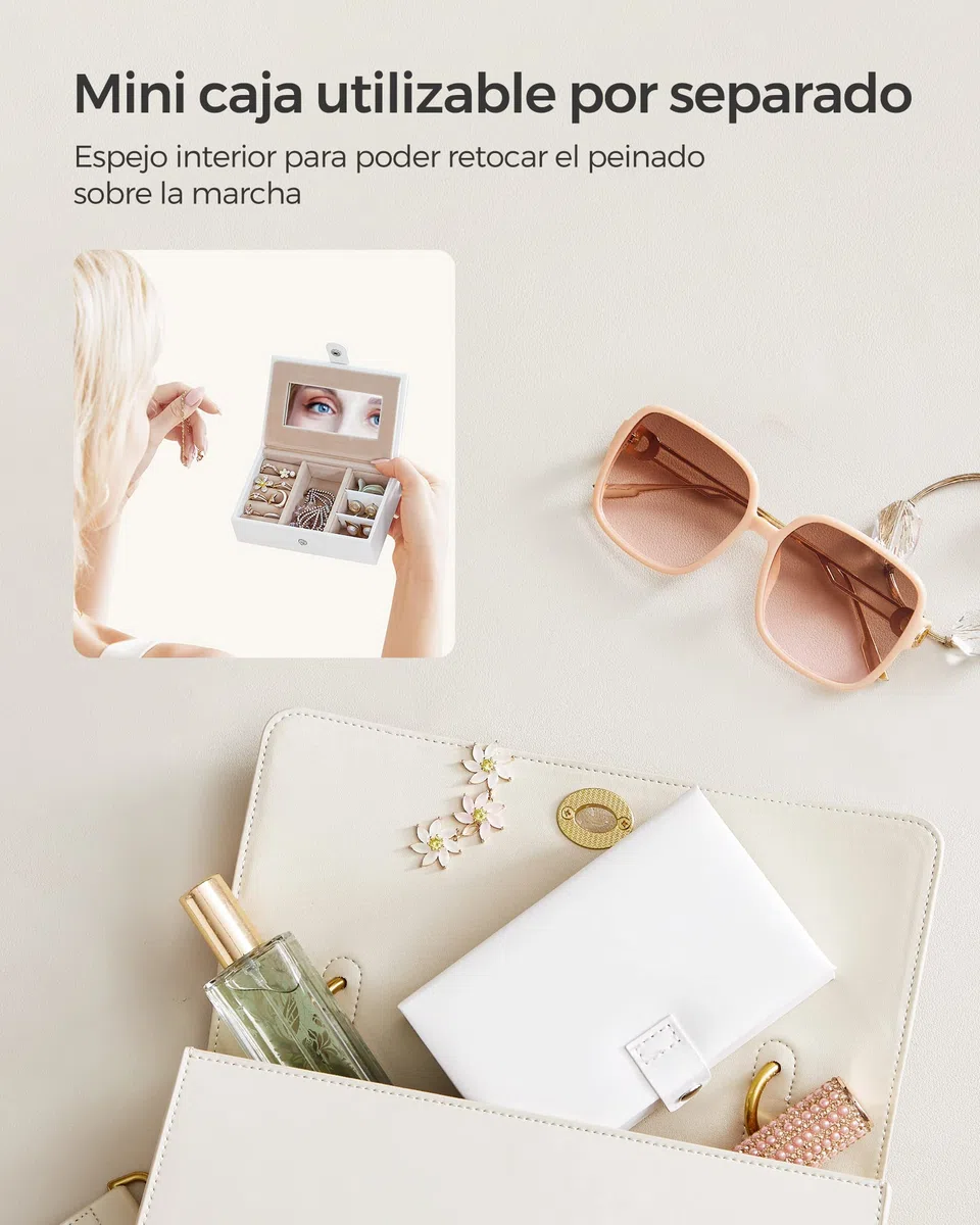 SONGMICS Caja Joyero de 3 Niveles, Caja para Joyas con 2 Cajones, con Mini Caja Portátil para Viajar, con Asa, Cerradura, para Joyas, Idea de Regalo, PU Blanco Nube, Forro Beige Arena JBC121W