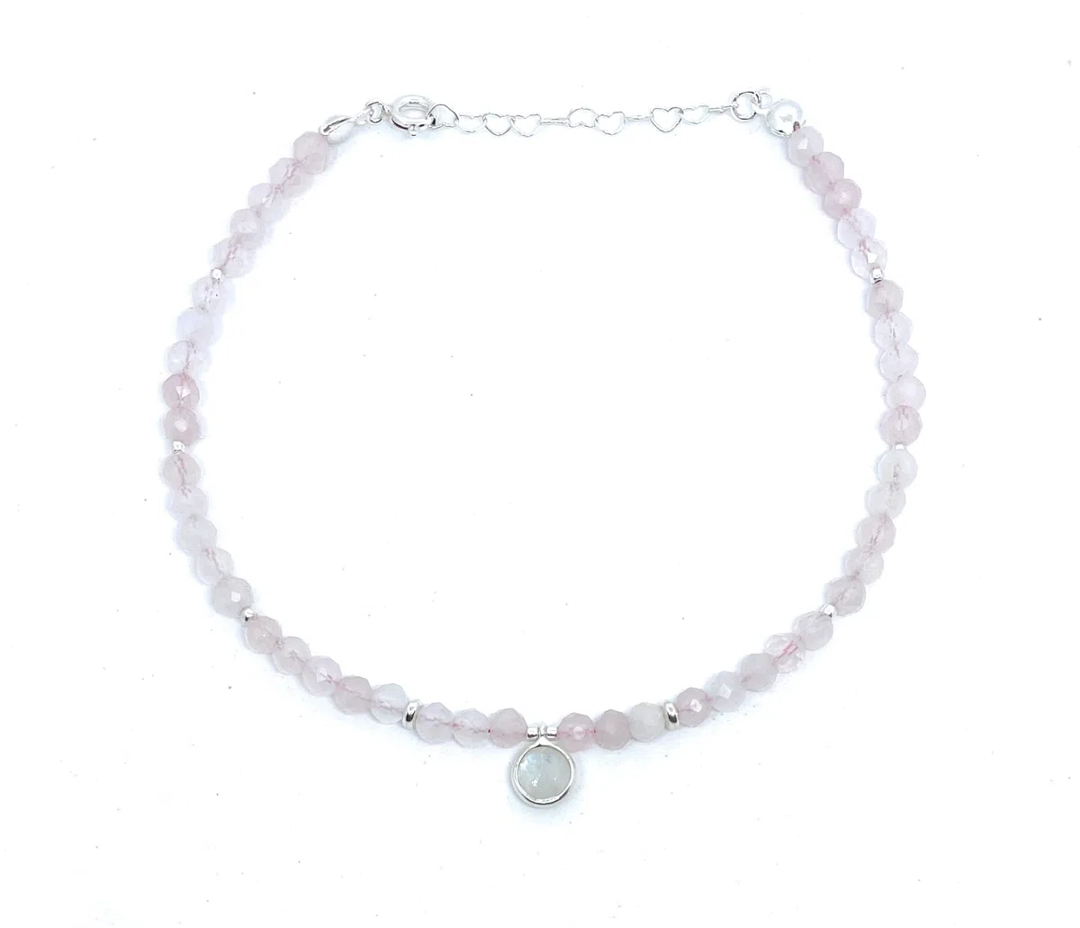 Tobillera de piedra natural cuarzo rosa dije de piedra luna plata de primera ley ajustable de 23mm a 26 mm