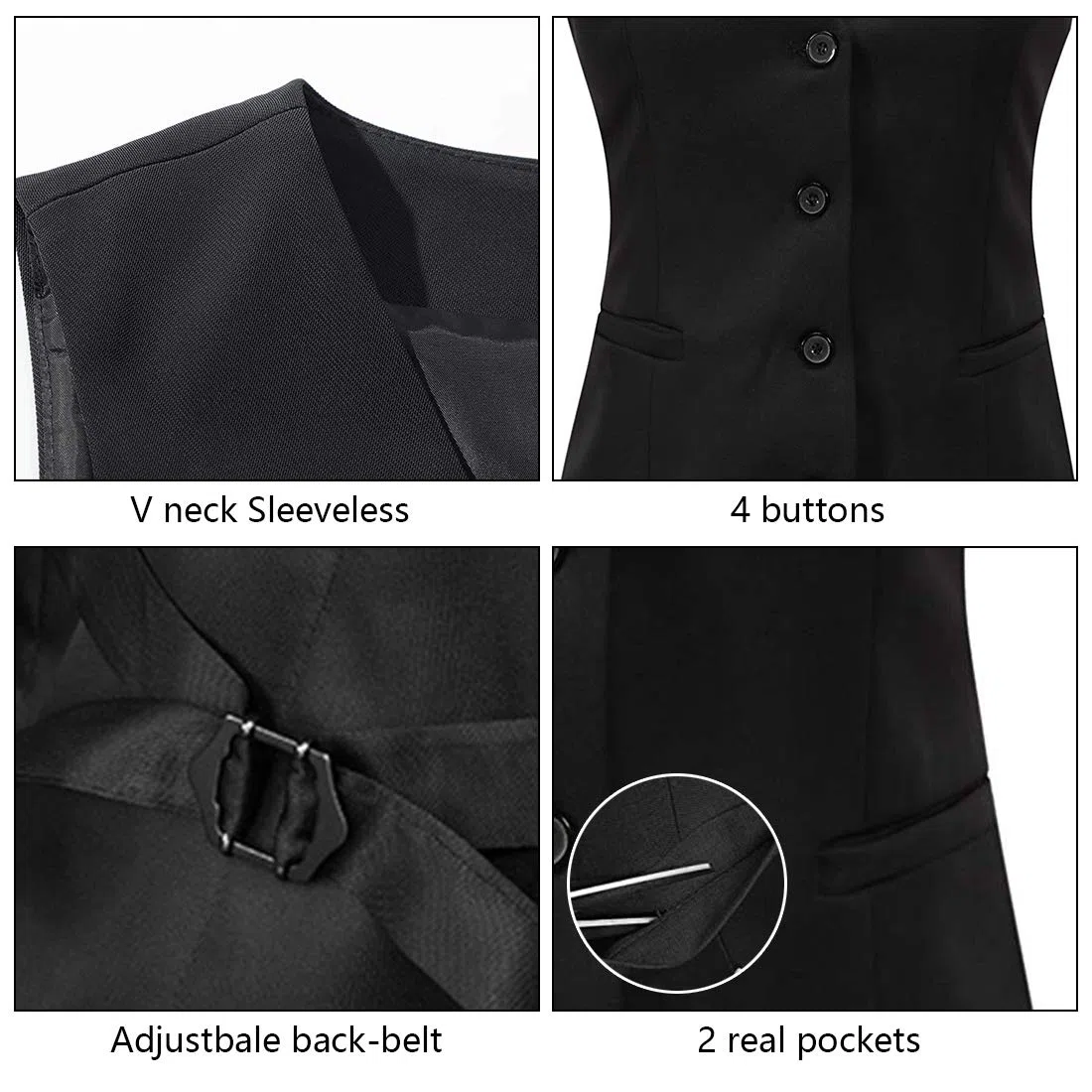 V VOCNI Chaleco para mujer totalmente forrado con 4 botones con cuello en V