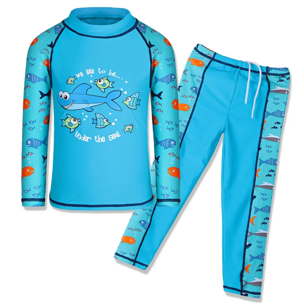 HUAANIUE Traje de baño para niños de 3 a 12 años con protección UV, 2 piezas, camiseta de manga larga y pantalones largos UPF 50+
