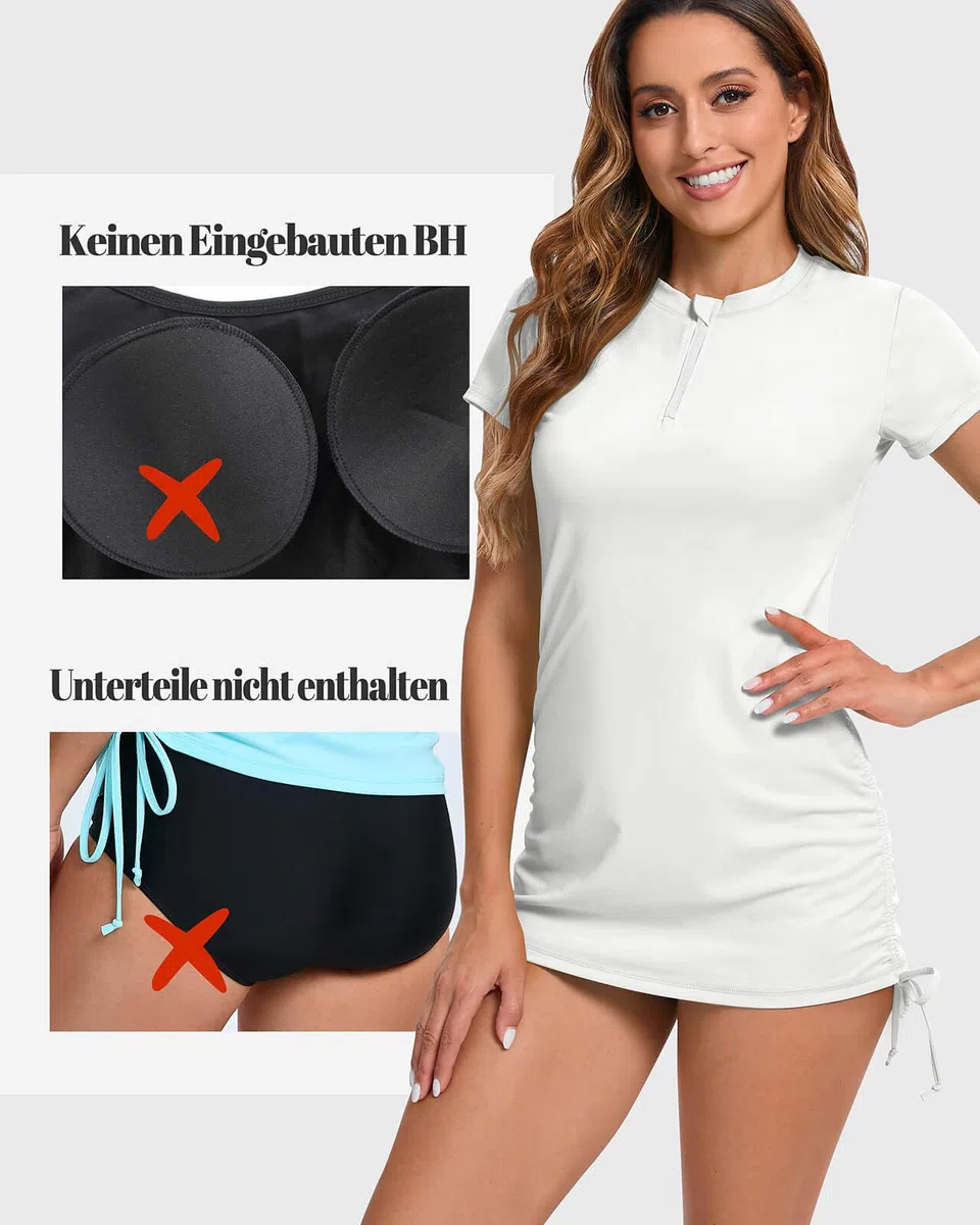 Camiseta de natación de manga corta para mujer, con cremallera frontal de 1/4, con protección UV, de secado rápido, dobladillo ajustable, UPF 50+