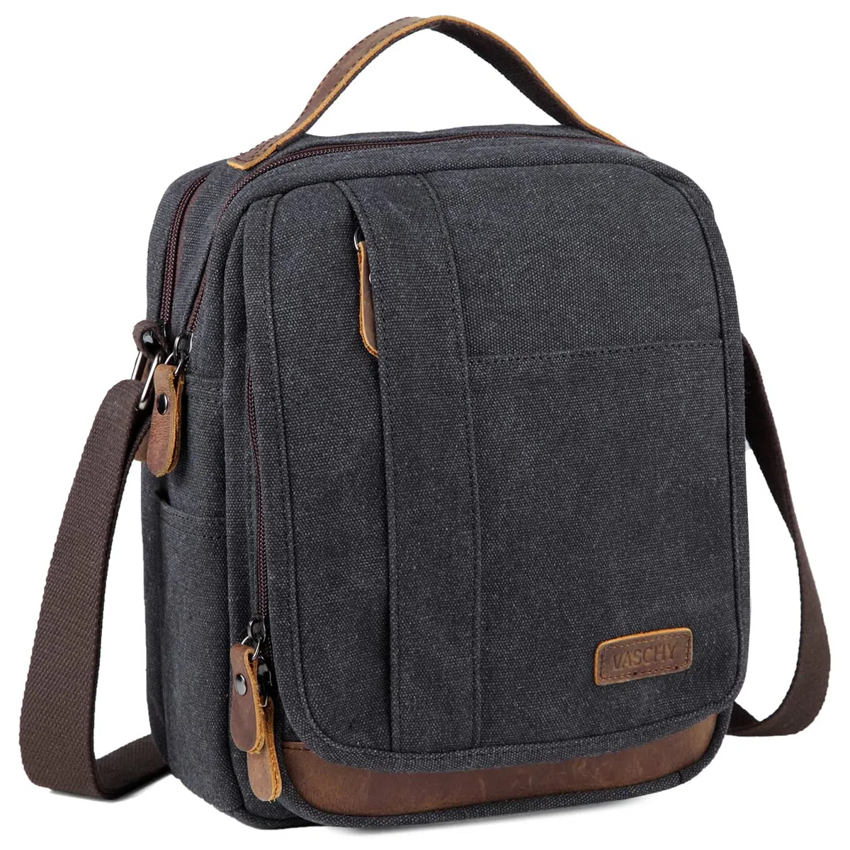 VASCHY Bolso Bandolera Hombre Pequeño de Lona y Cuero, Resistente al Agua, 7,7 L, Cabe iPad 10,2", Bolsillo Trasero Antirrobo, Múltiples Bolsillos, Para Trabajo y Viaje, Gris Oscuro