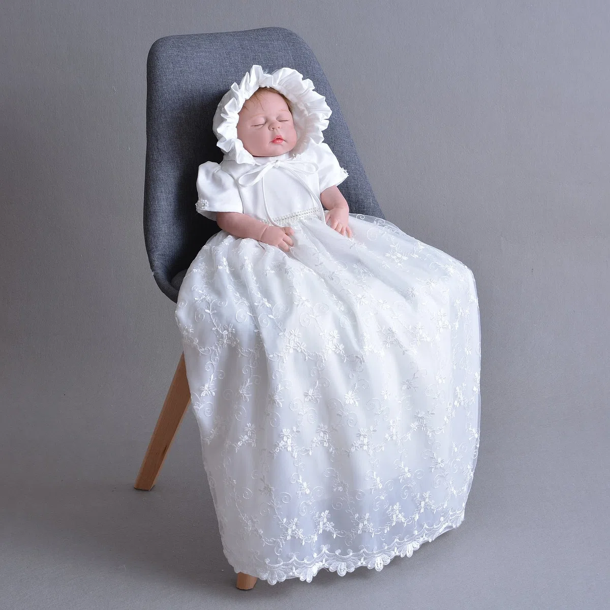 Cinda Vestido de Bautizo Largo de Encaje de bebé con bonete