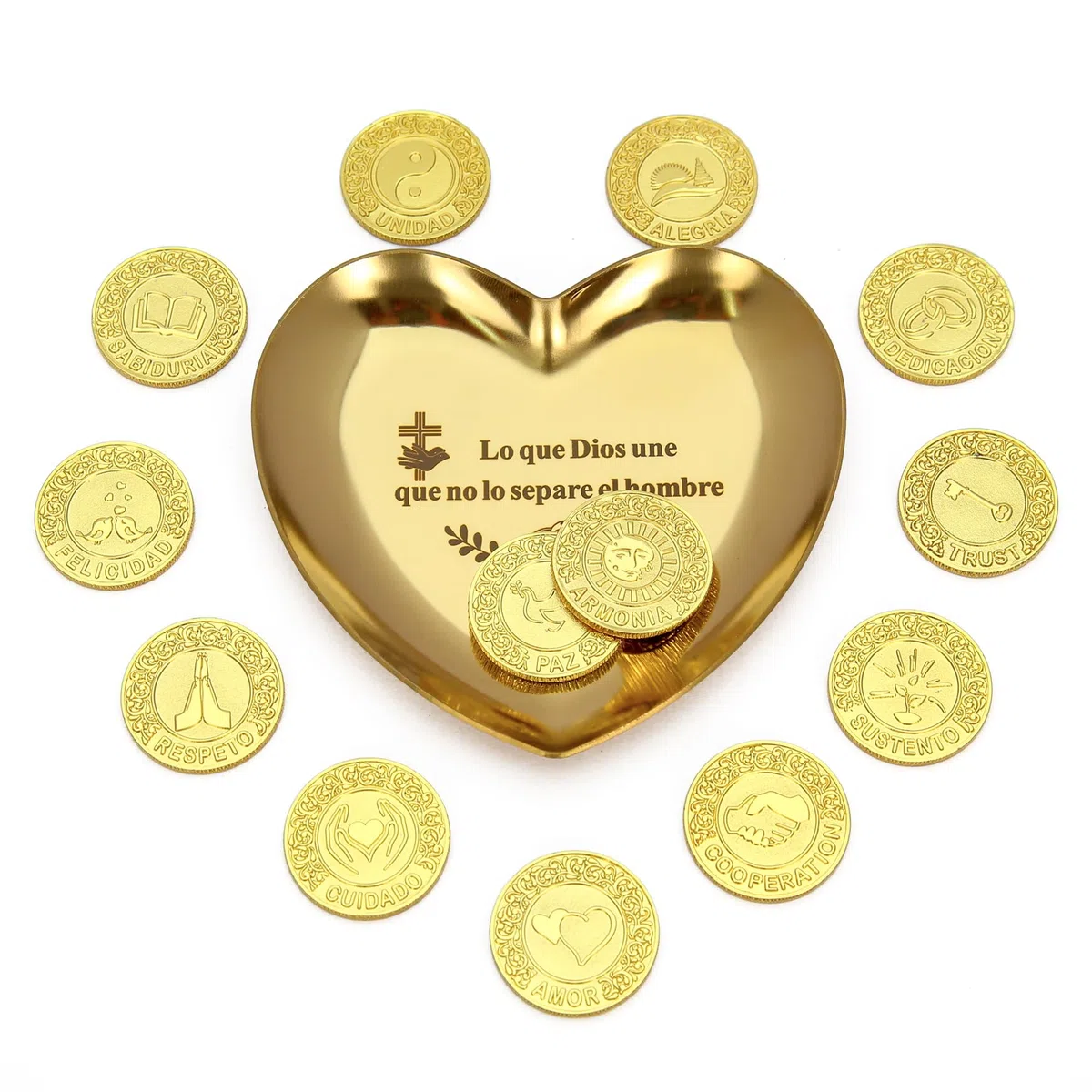 TINGKU - Arras para Boda Católica monedas de boda cristianas, 13 bendiciones únicas, recuerdos de matrimonio significativos caja de cuero Conjunto de monedas de boda española, monedas de oro PLD
