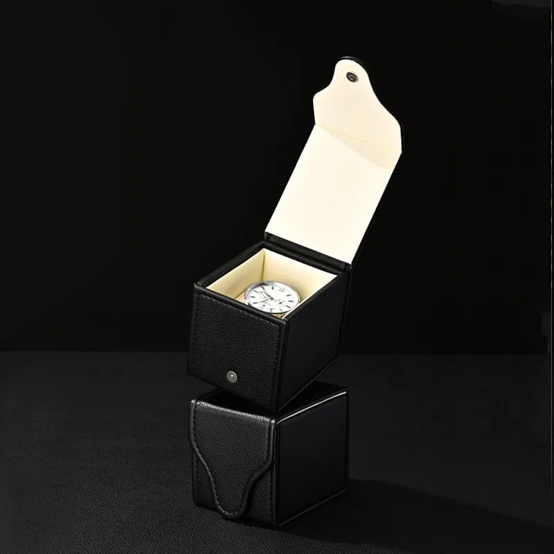 Caja de reloj de cuero negro cuadrada con cojín extraíble para regalo de viaje