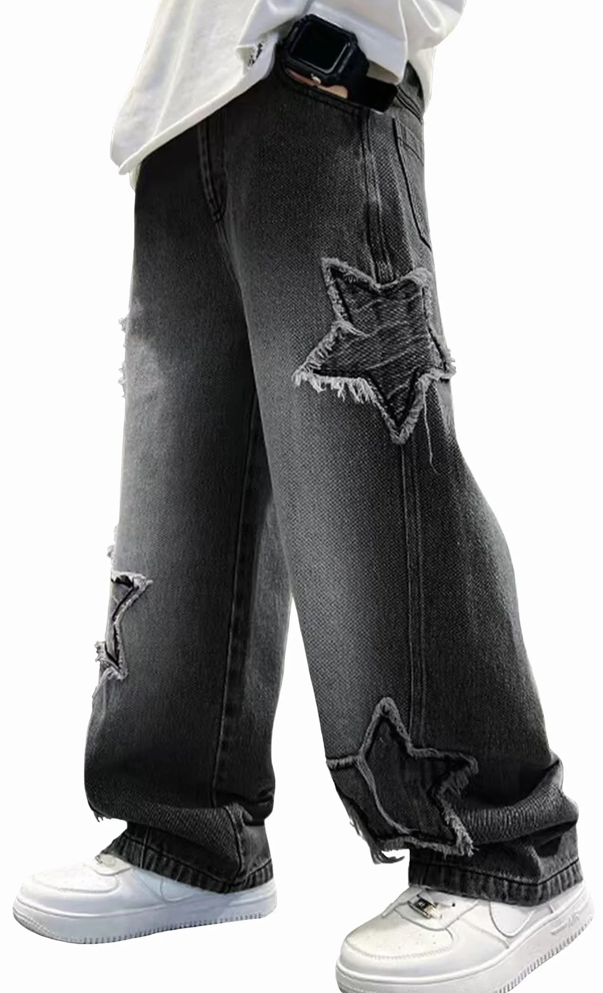Happy Cherry - Pantalones Vaqueros Holgados Niño Pantalón de Mezclilla Ancho Algodón Estilo Callejero Jeans Vintage Infantil con Cintura Elástica para Verano Primavera Otoño Invierno - 110-170 - Azul