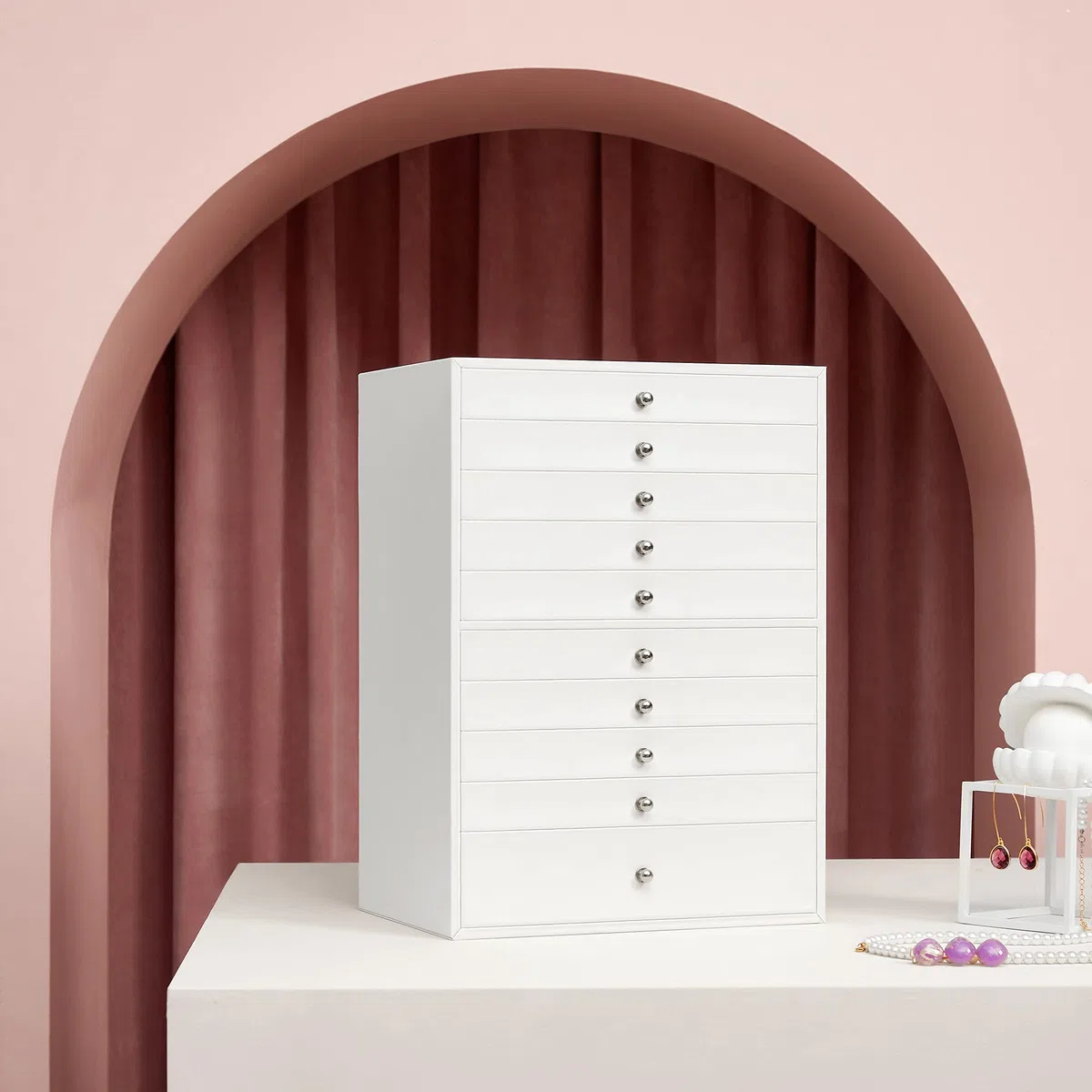 SONGMICS Caja joyero, para joyas XXL, Almacenamiento de belleza 10 cajones, Organizador con bandejas, forro de terciopelo, estilo nórdico escandinavo, Blanco JBC10W, 40x39x20.5cm