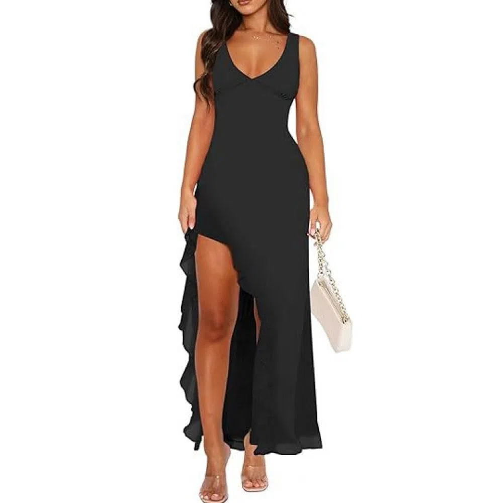Vestido Mujer Maxi sin Manga con Cuello V Rajado Verano Elegante Volante Dobladillo Maxivestido para Cóctel Fiesta Noche(Negro/XL)