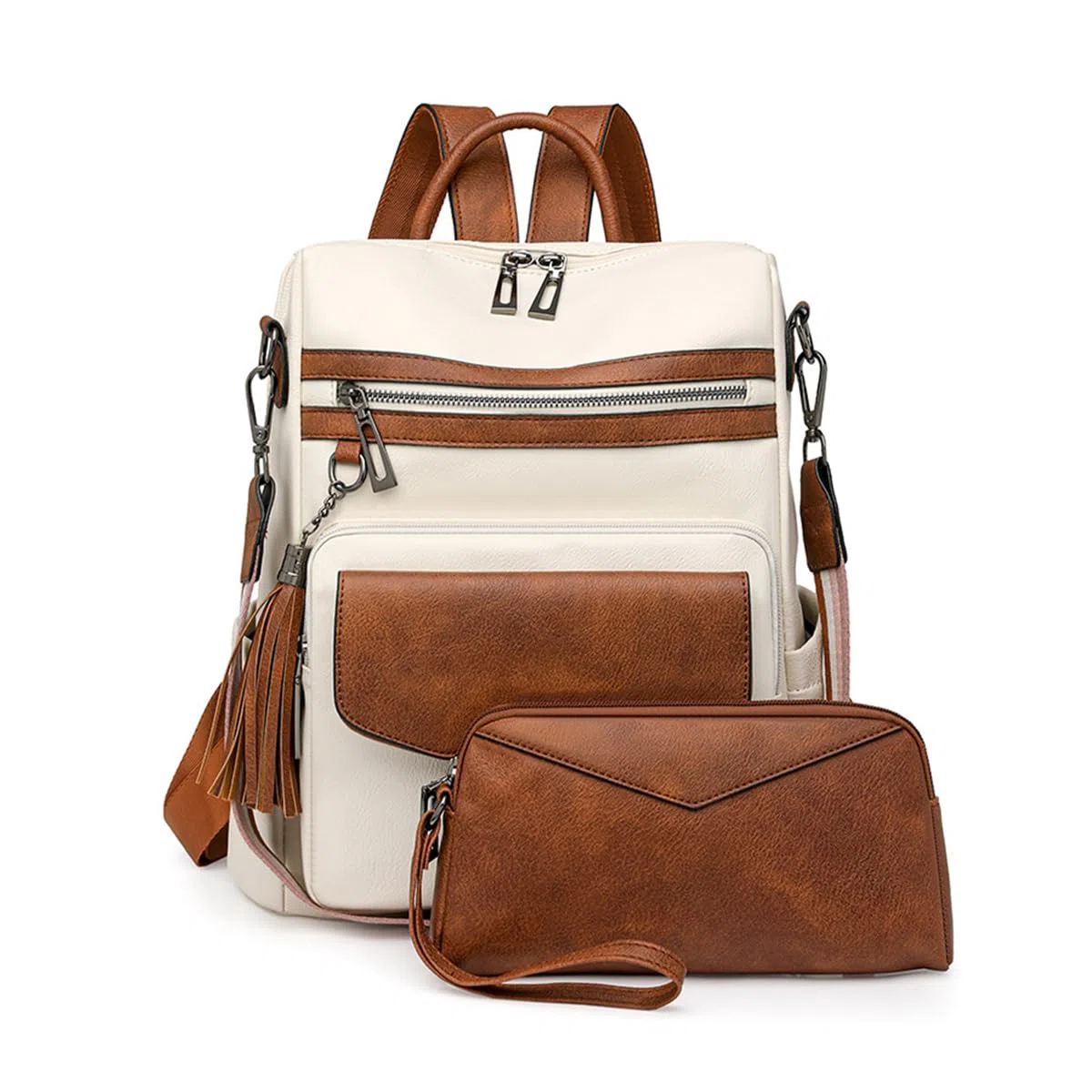 SONARIN PU Bolso Mochila Mujer,Impermeable Moda Mochila Damas con Monedero Mochilas Casual Bolso de Mano,Bolsa de Hombro Convertible para Viaje Escolar Trabajo(Blanco + Marrón)