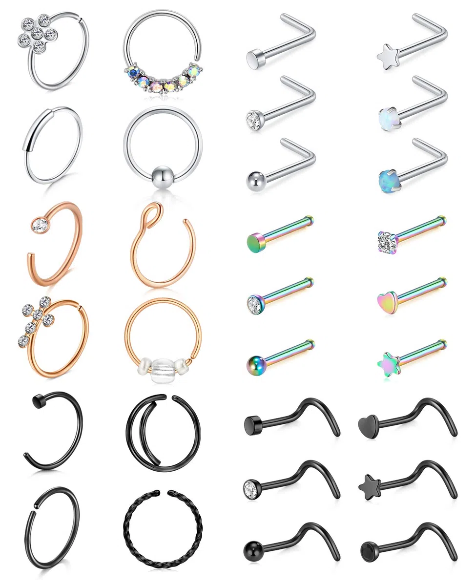 Mayhoop Piercing Nariz Acero Quirurgico 20G Piercing Nariz en Forma de L con Corazon Flor Mariposa Asta CZ Anillo de Nariz para Mujeres Hombres Plata Oro Rosa