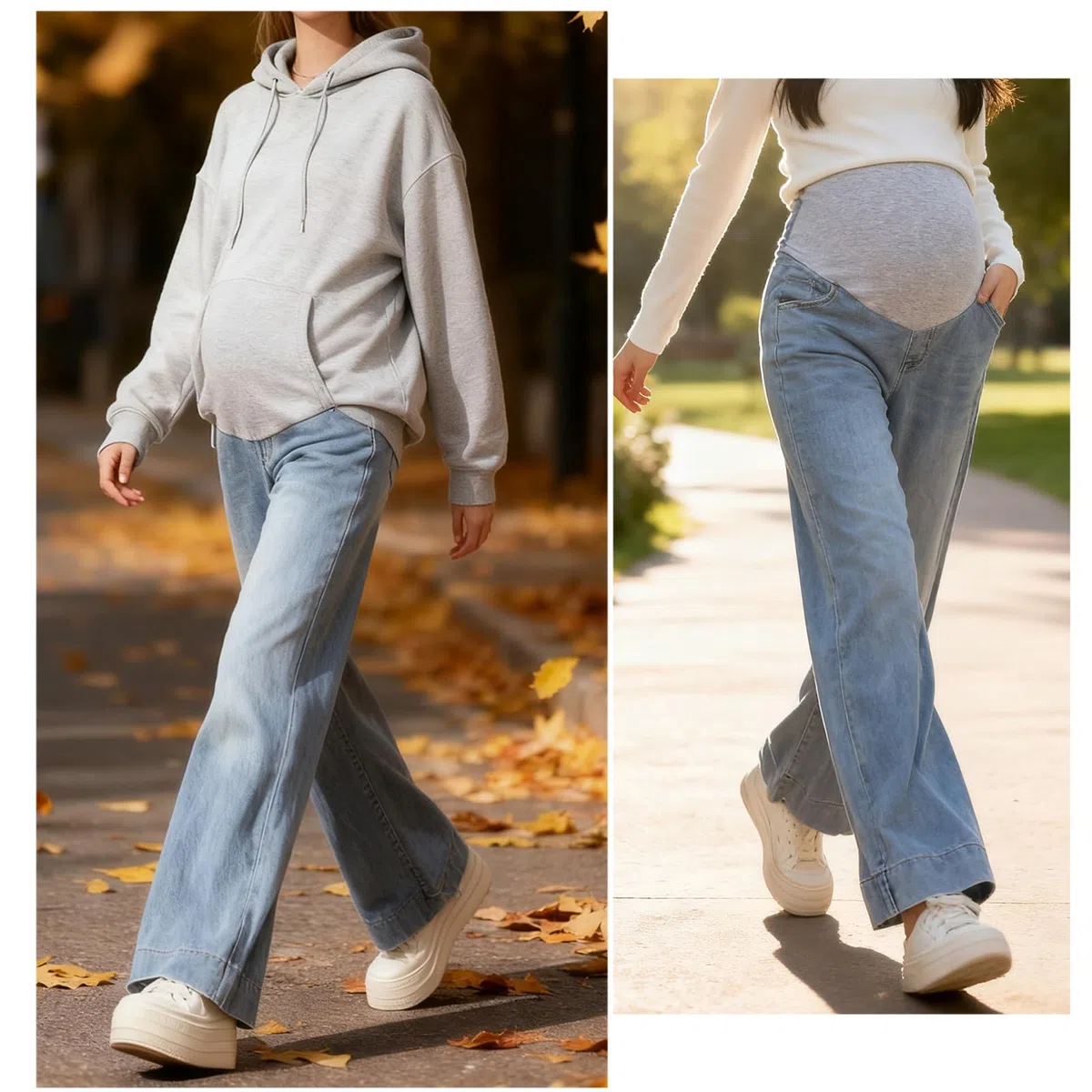Pantalones vaqueros embarazados para mujer, cintura ajustable, corte ancho, pantalones vaqueros elásticos con bolsillos para mujeres pequeñas de hasta 170 cm