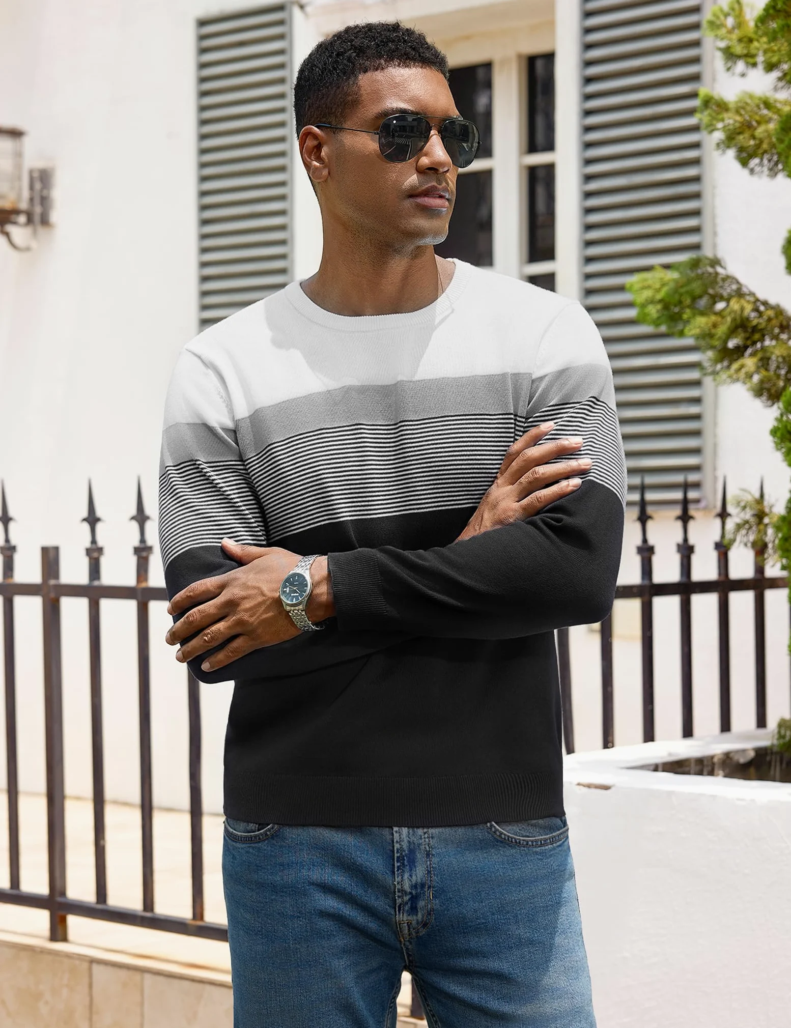 iClosam Suéter de Punto a Rayas con Cuello Redondo para Hombre Jersey de Manga Larga Corte Entallado