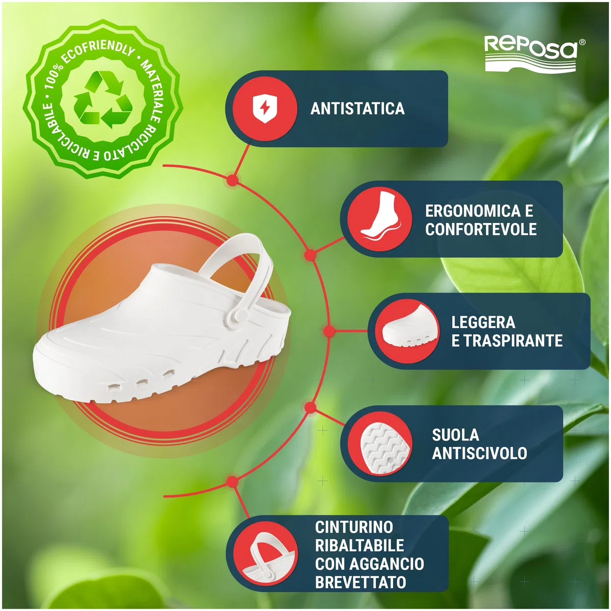 REPOSA Power - Zuecos Sanitarios Mujer y Hombre en Goma Cómodos, Ligeros y Antishock, Zapatos de Trabajo Sanitarios Anatómicos y Transpirables con Orificios Laterales - Zuecos Enfermera con Correa