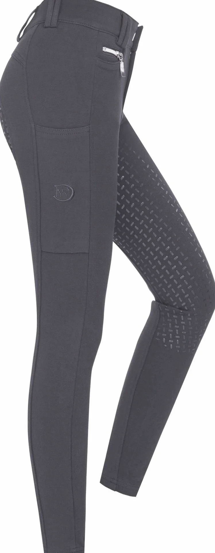 RIDERS CHOICE Pantalones de equitación de algodón con ribete completo de silicona para niños con funda para teléfono