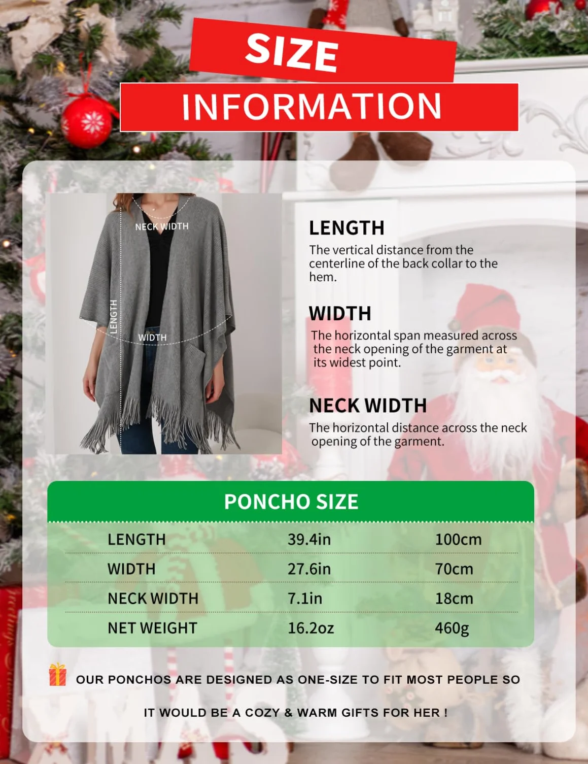 Ferand Poncho de Frente Abierto para Mujer, Chal Holgado con Flecos para Otoño Invierno