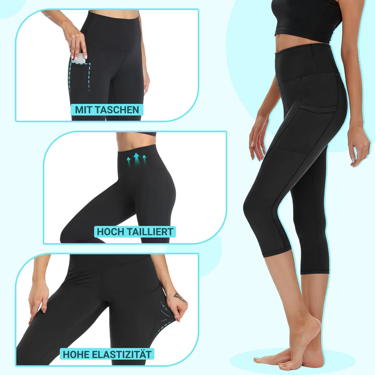 HIPOWER Pack de 3 leggings para mujer con bolsillos, pantalones deportivos capri, pantalones 3/4, pantalones capri, cintura alta, yoga, verano, leggings deportivos para fitness y gimnasio