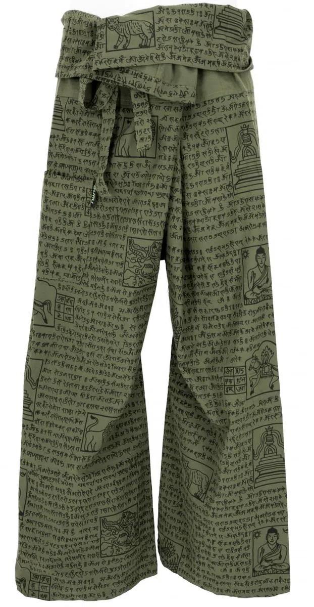 GURU SHOP Pantalones de pescador tailandeses con estampado de mantra de algodón tejido, pantalones de yoga, para hombre/mujer, verde, talla: talla única